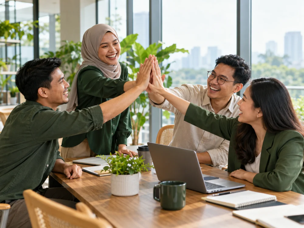 Ilustrasi tim profesional merayakan kolaborasi dengan high-five di ruang kerja