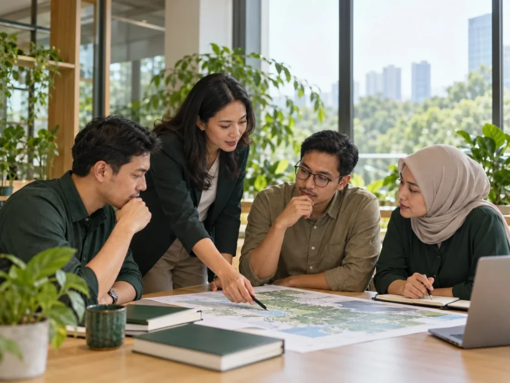Ilustrasi empat profesional berdiskusi di kantor dengan tanaman dan jendela besar